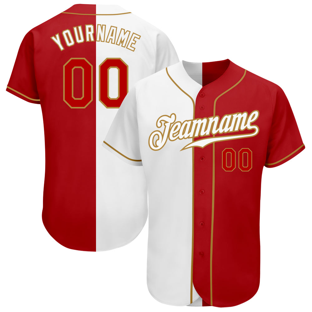 Custom White Red-Old Gold Authentic Split Fashion Baseball Jersey