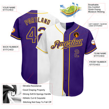 Load image into Gallery viewer, Custom White Purple-Gold Authentic Split Fashion Baseball Jersey

