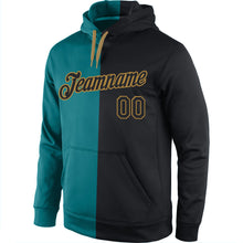 Load image into Gallery viewer, Custom Stitched Aqua Black-Old Gold Split Fashion Sports Pullover Sweatshirt Hoodie
