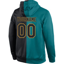 Загрузить изображение в средство просмотра галереи, Custom Stitched Aqua Black-Old Gold Split Fashion Sports Pullover Sweatshirt Hoodie
