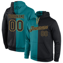 Загрузить изображение в средство просмотра галереи, Custom Stitched Aqua Black-Old Gold Split Fashion Sports Pullover Sweatshirt Hoodie
