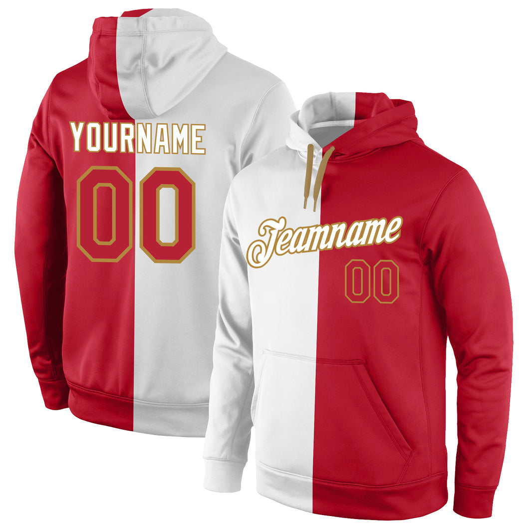 Custom Stitched White Red-Old Gold Split Fashion Sports Pullover Sweatshirt Hoodie