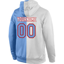 Load image into Gallery viewer, Custom Stitched White Light Blue-Red Split Fashion Sports Pullover Sweatshirt Hoodie
