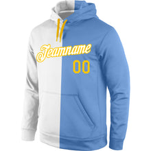 Laden Sie das Bild in den Galerie-Viewer, Custom Stitched White Light Blue-Gold Split Fashion Sports Pullover Sweatshirt Hoodie
