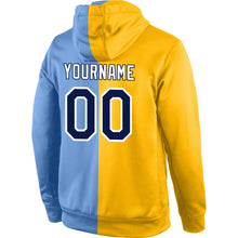 Laden Sie das Bild in den Galerie-Viewer, Custom Stitched Gold Navy-Light Blue Split Fashion Sports Pullover Sweatshirt Hoodie
