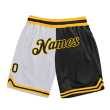Laden Sie das Bild in den Galerie-Viewer, Custom White Black-Gold Authentic Throwback Split Fashion Basketball Shorts
