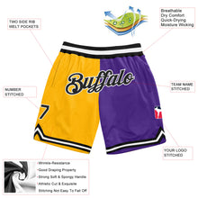 Load image into Gallery viewer, Custom Gold Black-Purple Authentic Throwback Split Fashion Basketball Shorts
