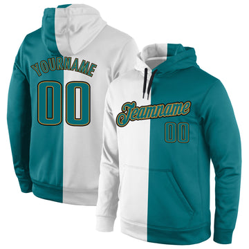 Custom Stitched White Aqua-Old Gold Split Fashion Sports Pullover Sweatshirt Hoodie