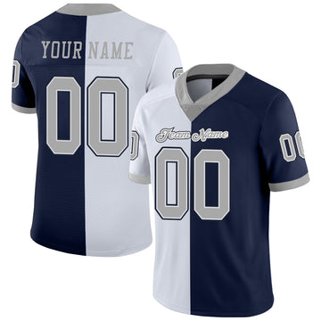 Custom Navy Gray-White Mesh Split Fashion Football Jersey