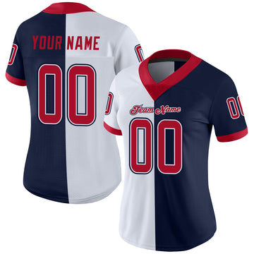 Custom Navy Red-White Mesh Split Fashion Football Jersey