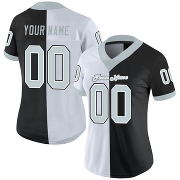 Custom Black Silver-White Mesh Split Fashion Football Jersey