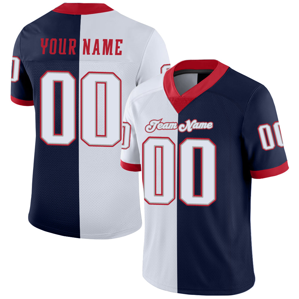 Custom Navy White-Scarlet Mesh Split Fashion Football Jersey