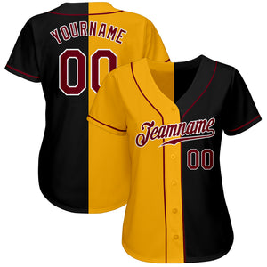 Custom Black Crimson-Yellow Authentic Split Fashion Baseball Jersey