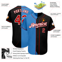 Laden Sie das Bild in den Galerie-Viewer, Custom Black Red-Powder Blue Authentic Split Fashion Baseball Jersey
