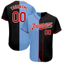 Load image into Gallery viewer, Custom Black Red-Light Blue Authentic Split Fashion Baseball Jersey
