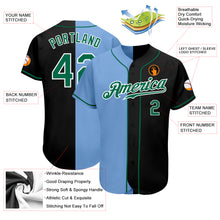 Laden Sie das Bild in den Galerie-Viewer, Custom Black Kelly Green-Light Blue Authentic Split Fashion Baseball Jersey
