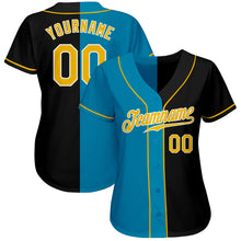 Load image into Gallery viewer, Custom Black Gold-Panther Blue Authentic Split Fashion Baseball Jersey
