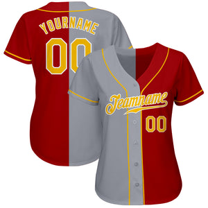 Custom Red Gold-Gray Authentic Split Fashion Baseball Jersey