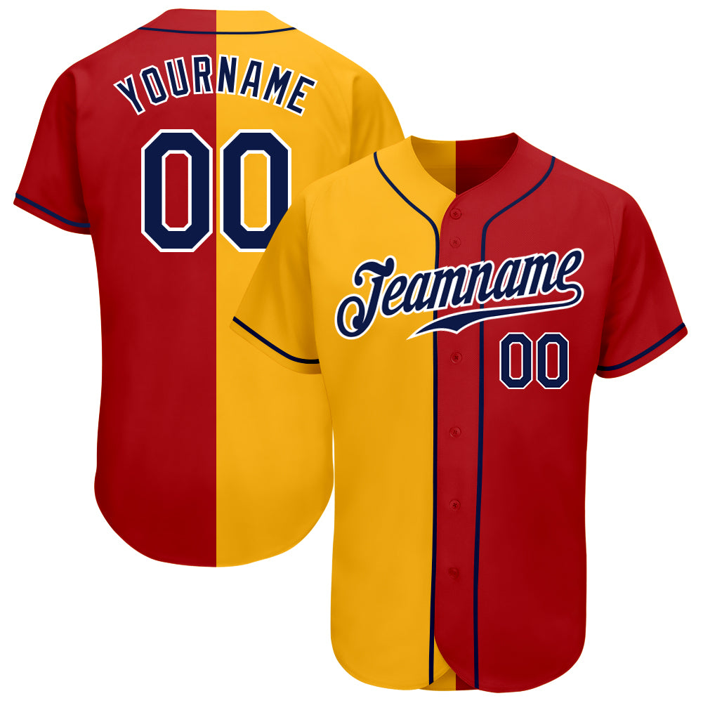 Custom Red Navy-Yellow Authentic Split Fashion Baseball Jersey