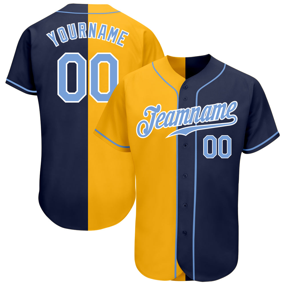 Custom Navy Light Blue-Yellow Authentic Split Fashion Baseball Jersey
