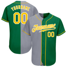 Load image into Gallery viewer, Custom Kelly Green Gold-Gray Authentic Split Fashion Baseball Jersey
