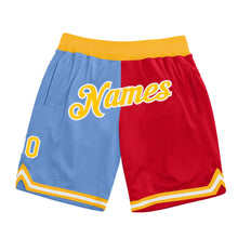 Load image into Gallery viewer, Custom Light Blue Gold-Red Authentic Throwback Split Fashion Basketball Shorts
