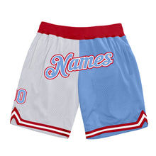 Load image into Gallery viewer, Custom White Light Blue-Red Authentic Throwback Split Fashion Basketball Shorts
