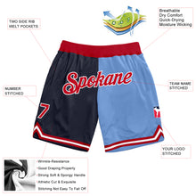 Load image into Gallery viewer, Custom Navy Red-Light Blue Authentic Throwback Split Fashion Basketball Shorts
