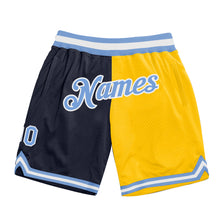 Load image into Gallery viewer, Custom Navy Light Blue-Gold Authentic Throwback Split Fashion Basketball Shorts
