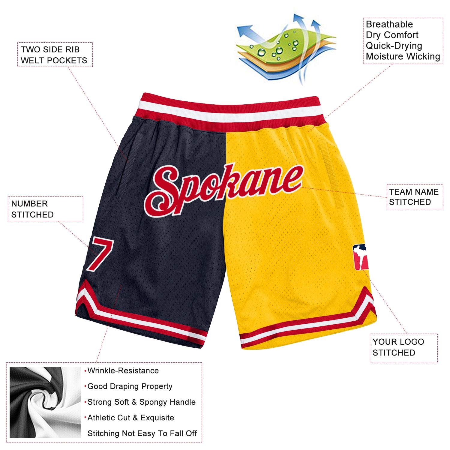 Custom Gold Navy-Red Authentic Throwback Split Fashion Basketball Shorts