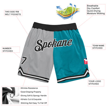 Custom Gray Black-Teal Authentic Throwback Split Fashion Basketball Shorts