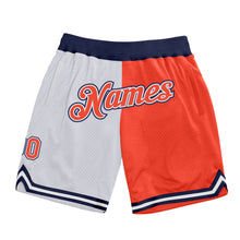 Load image into Gallery viewer, Custom White Orange-Navy Authentic Throwback Split Fashion Basketball Shorts
