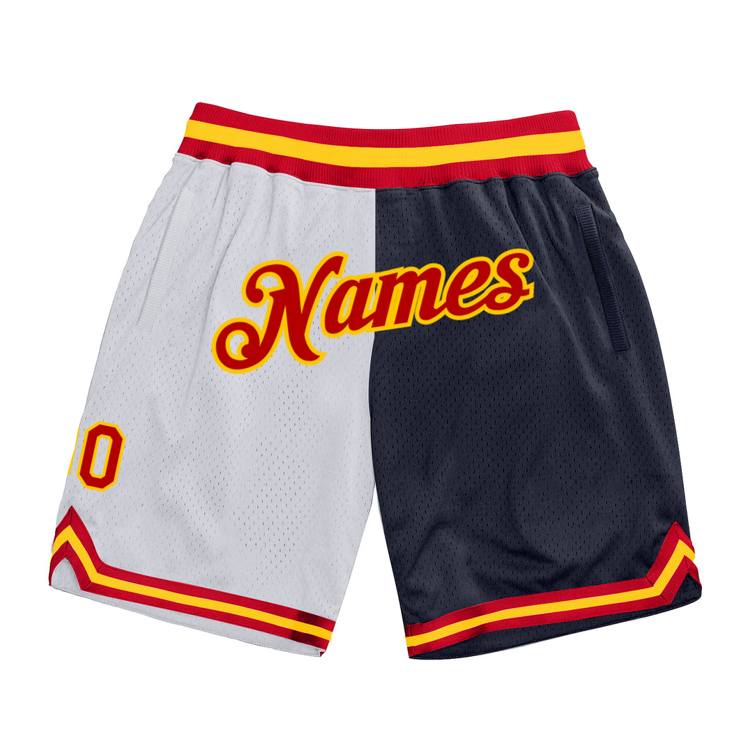 Custom White Red-Navy Authentic Throwback Split Fashion Basketball Shorts