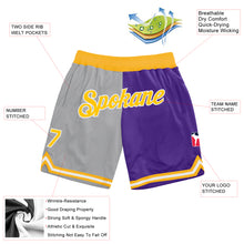 Laden Sie das Bild in den Galerie-Viewer, Custom Gray Gold-Purple Authentic Throwback Split Fashion Basketball Shorts
