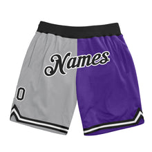 Load image into Gallery viewer, Custom Gray Black-Purple Authentic Throwback Split Fashion Basketball Shorts
