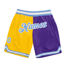 Load image into Gallery viewer, Custom Gold Light Blue-Purple Authentic Throwback Split Fashion Basketball Shorts
