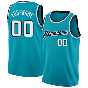 Custom Teal White-Black Round Neck Rib-Knit Basketball Jersey