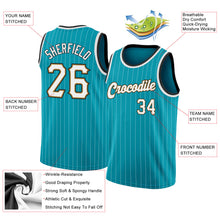 Загрузить изображение в средство просмотра галереи, Custom Teal White Pinstripe White-Old Gold Authentic Basketball Jersey
