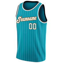 Загрузить изображение в средство просмотра галереи, Custom Teal White Pinstripe White-Old Gold Authentic Basketball Jersey

