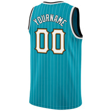 Загрузить изображение в средство просмотра галереи, Custom Teal White Pinstripe White-Old Gold Authentic Basketball Jersey
