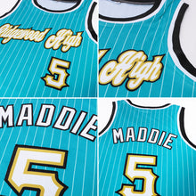 Загрузить изображение в средство просмотра галереи, Custom Teal White Pinstripe White-Old Gold Authentic Basketball Jersey
