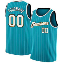 Загрузить изображение в средство просмотра галереи, Custom Teal White Pinstripe White-Old Gold Authentic Basketball Jersey

