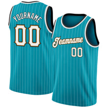 Load image into Gallery viewer, Custom Teal White Pinstripe White-Old Gold Authentic Basketball Jersey
