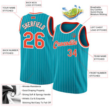 Laden Sie das Bild in den Galerie-Viewer, Custom Teal White Pinstripe Orange-White Authentic Basketball Jersey
