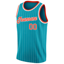 Laden Sie das Bild in den Galerie-Viewer, Custom Teal White Pinstripe Orange-White Authentic Basketball Jersey
