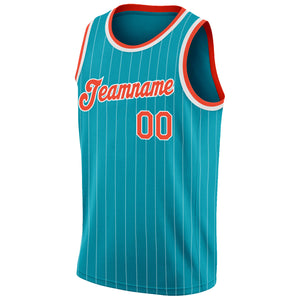 Custom Teal White Pinstripe Orange-White Authentic Basketball Jersey