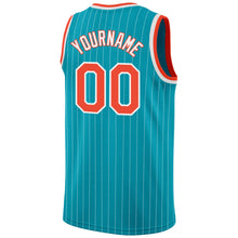 Laden Sie das Bild in den Galerie-Viewer, Custom Teal White Pinstripe Orange-White Authentic Basketball Jersey
