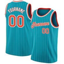 Laden Sie das Bild in den Galerie-Viewer, Custom Teal White Pinstripe Orange-White Authentic Basketball Jersey
