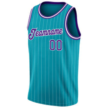 Загрузить изображение в средство просмотра галереи, Custom Teal White Pinstripe Purple-White Authentic Basketball Jersey
