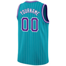 Laden Sie das Bild in den Galerie-Viewer, Custom Teal White Pinstripe Purple-White Authentic Basketball Jersey
